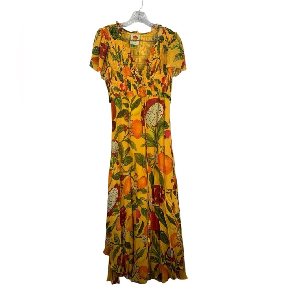 Farm Rio size small fruit lovers Yellow Floral Maxi Dress dragon fruit tropical - Picture 2 of 16